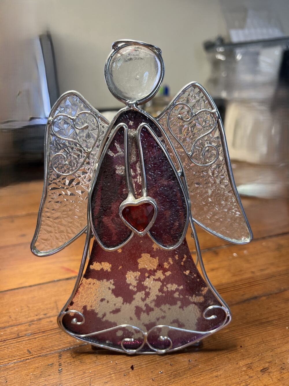 Vintage Stained Glass Angel Tealight Candle Holder 8 inches tall.